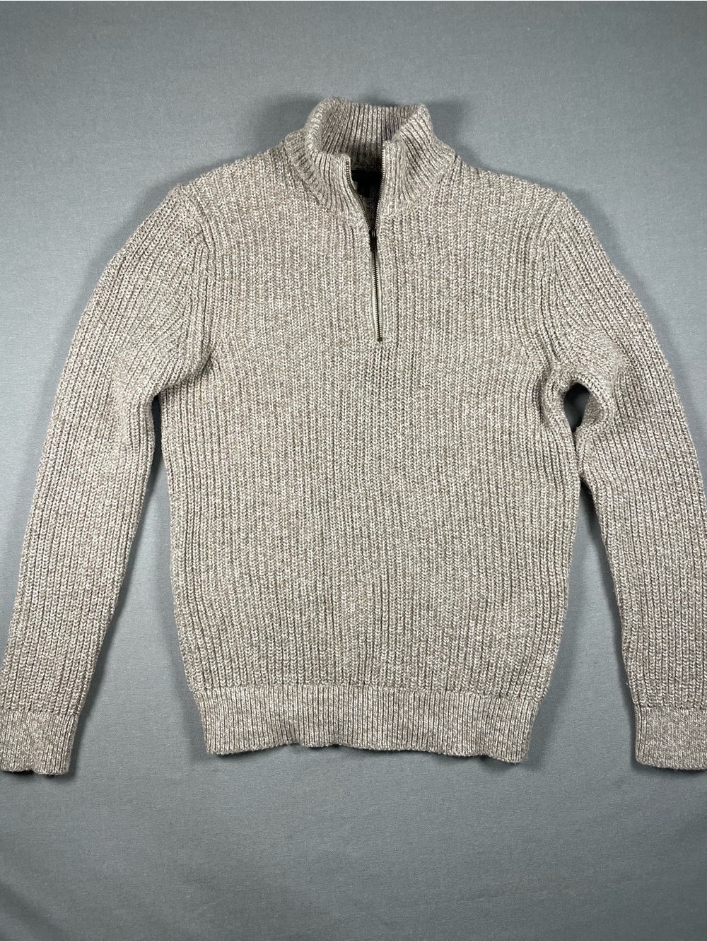 Banana Republic Men M Quarter Zip Sweater Oatmeal Beige Ribbed Knit Cotton Wool